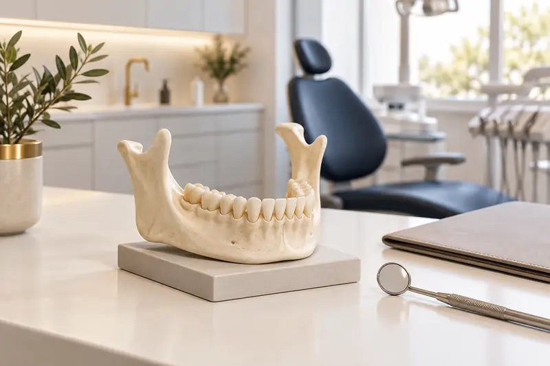 Imagen ilustrativa de cirugía maxilofacial: modelo de mandíbula y espejo dental · Dental Divina Pastora, clínica dental en Ansoáin
