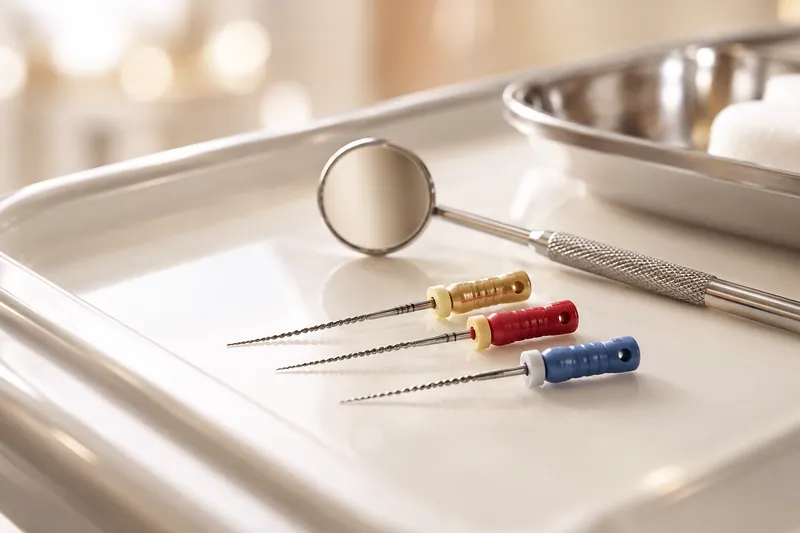 Endodontzia-limak eta ispilua hortz-erretilu baten gainean