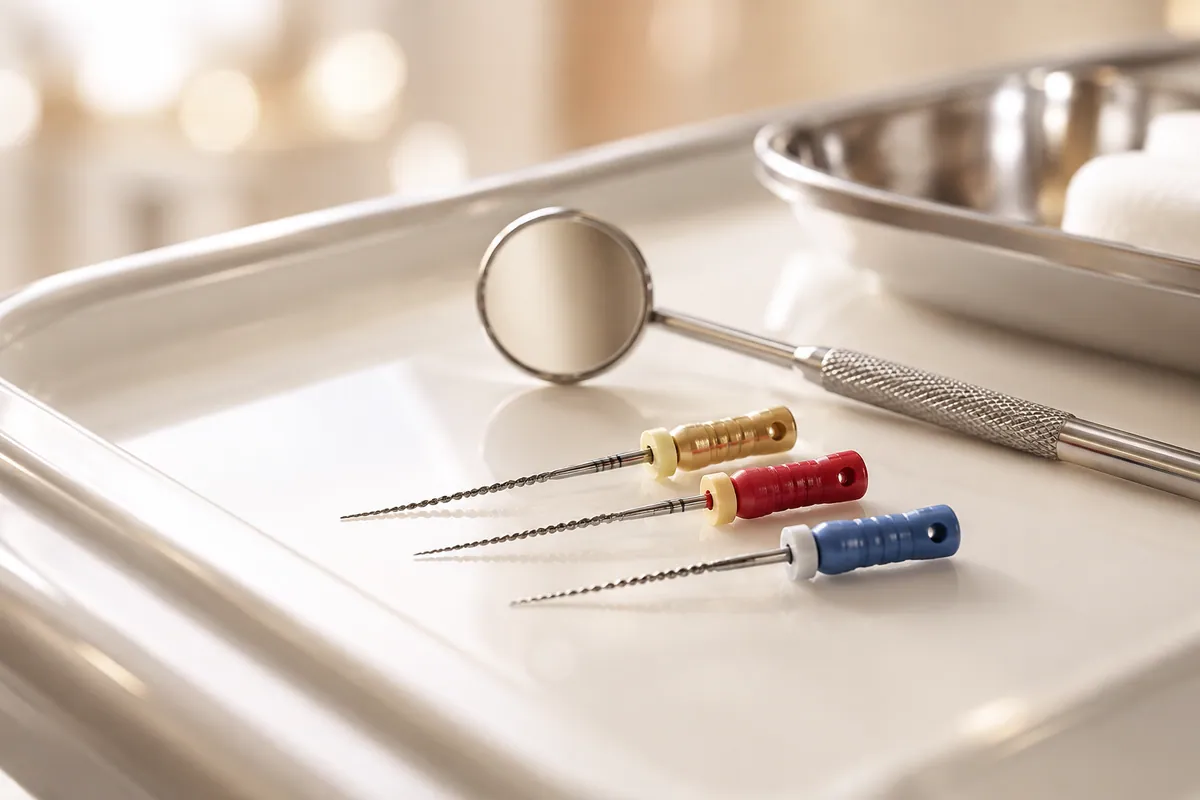 Limas de endodoncia y espejo sobre una bandeja dental