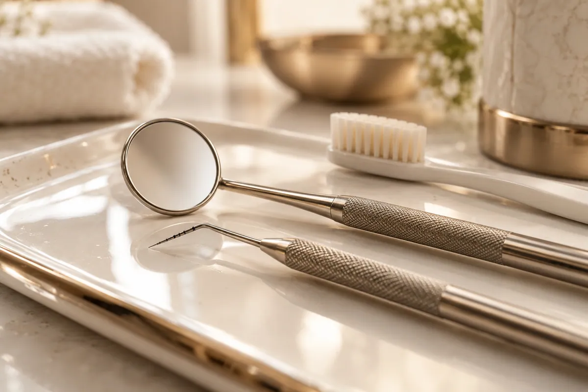 Espejo, sonda periodontal y cepillo para el cuidado de las encías