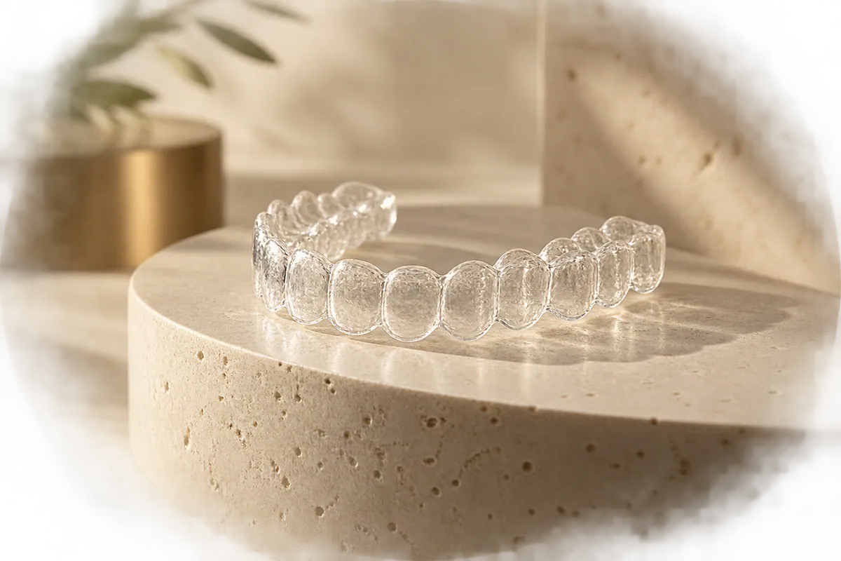 Alineador dental transparente sobre una superficie clara